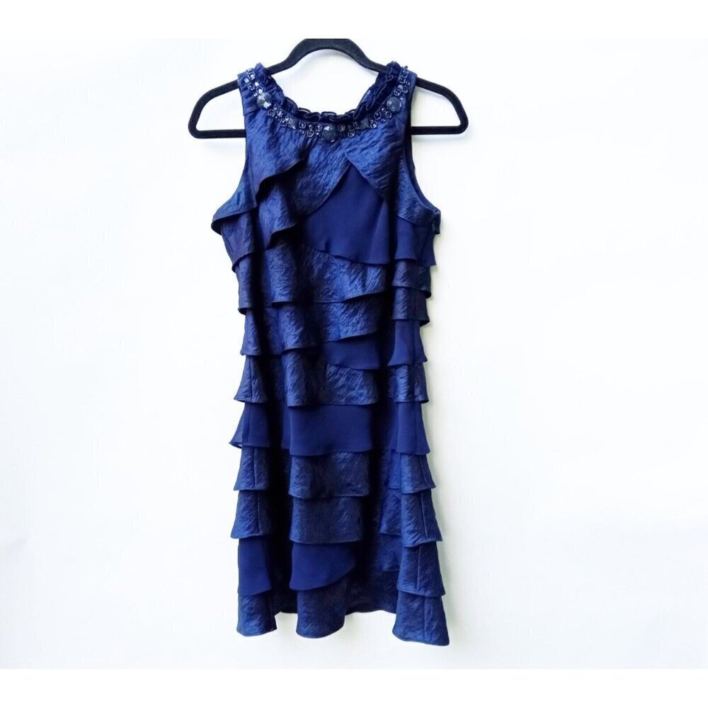 S L Fashions Sz 8 Womens Navy Sleeveless Beaded Round Neck Ruffle Dress‎